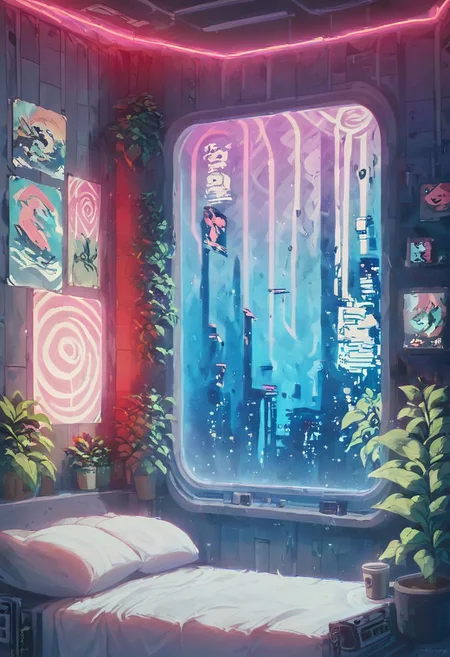 score_9,score_8_up,score_7_up,score_6_up, 
steaming coffee cup on windowsill, plants on the windowsill, wall of plants, monstera plant, large plant, tidy bedrrom, small room, cramped bedroom, teddies on the bed, cyberpunk city view out of the window, neon light, purple neon lights, posters, posters on the wall, anime posters, lewd posters, neon posters