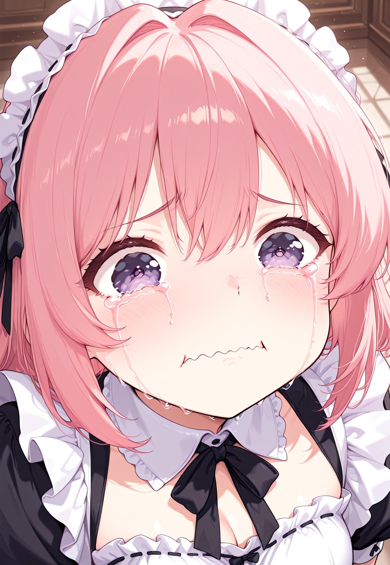 absurdres, masterpiece, 1girl, anime girl, solo, BREAK, CivChan, purple eyes, pink hair, BREAK, maid headband, BREAK, crying aqua, crying aqua (meme), crying, tearing up, tears, wavy mouth, close up