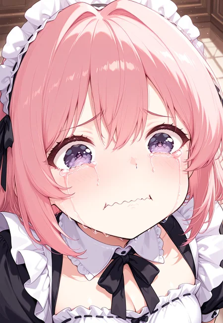 absurdres, masterpiece, 1girl, anime girl, solo, BREAK, CivChan, purple eyes, pink hair, BREAK, maid headband, BREAK, crying aqua, crying aqua (meme), crying, tearing up, tears, wavy mouth, close up