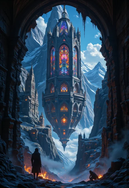 warhammer 40k, dark sci-fi, Image is a dark, gritty, and futuristic digital artwork featuring the suspended city of Icenholm on the planet Sepheris Secundus, inspired by Warhammer 40k's dark sci-fi aesthetic. The central focus is the towering, Gothic-inspired structure with intricate detailing, now adapted to incorporate industrial machinery and imperfections, characteristic of the grim darkness of the far future. The color palette remains vibrant, but with a darker, more ominous tone, dominated by blues, purples, and oranges, evoking a sense of unease and tension. The city's intricate architecture hangs precariously between majestic mountain peaks, its stained glass panels reflecting a galaxy of colors, illuminated by countless twinkling lights at night. The artwork is framed by a worn, industrial arch-like border, adding to the dark, industrial composition.aidmaMJ6.1,aidmaimageupgrader,Midjourney_Whisper