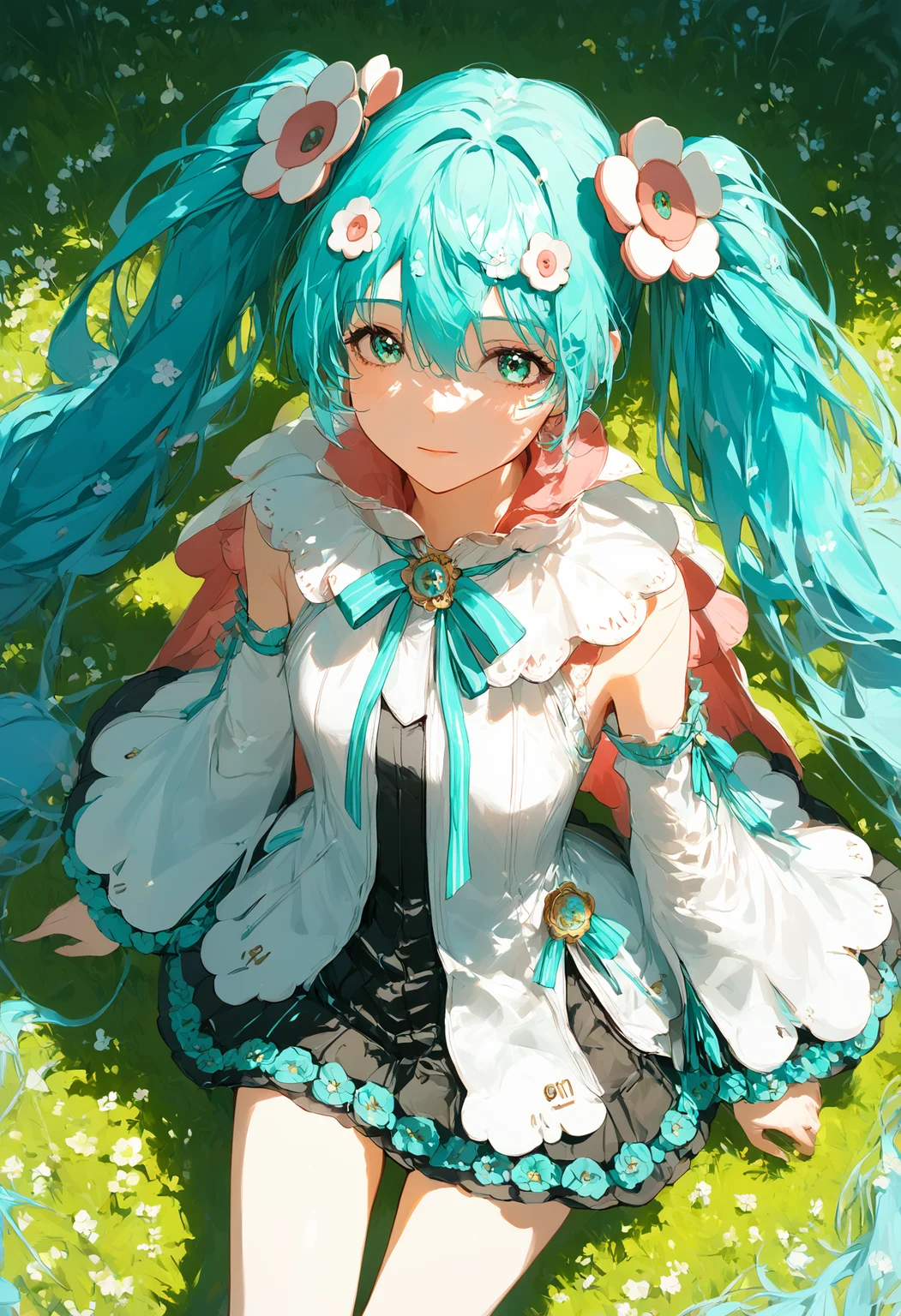 score_9,score_8_up,score_7_up,,source_anime BREAK, 1girl, solo,, MHM21, hatsune miku, hair ornament, flower, twintails, magical mirai miku, long hair, detached sleeves, aqua hair, very long hair, wide sleeves, medallion, white sleeves, aqua ribbon, aqua eyes, cape, hair between eyes s1_dram, from above, on grass<lora:ãã¸ã«ã«ãã©ã¤2021:1>,<lora:S1_Dramatic_Lighting_v2:0.8>