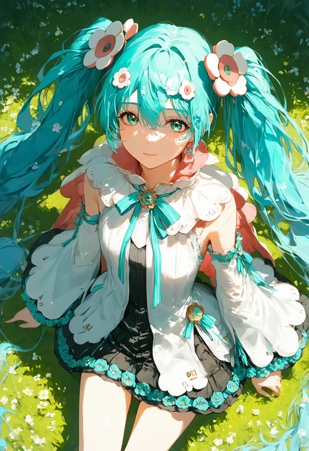score_9,score_8_up,score_7_up,,source_anime BREAK, 1girl, solo,, MHM21, hatsune miku, hair ornament, flower, twintails, magical mirai miku, long hair, detached sleeves, aqua hair, very long hair, wide sleeves, medallion, white sleeves, aqua ribbon, aqua eyes, cape, hair between eyes s1_dram, from above, on grass<lora:ãã¸ã«ã«ãã©ã¤2021:1>,<lora:S1_Dramatic_Lighting_v2:0.8>