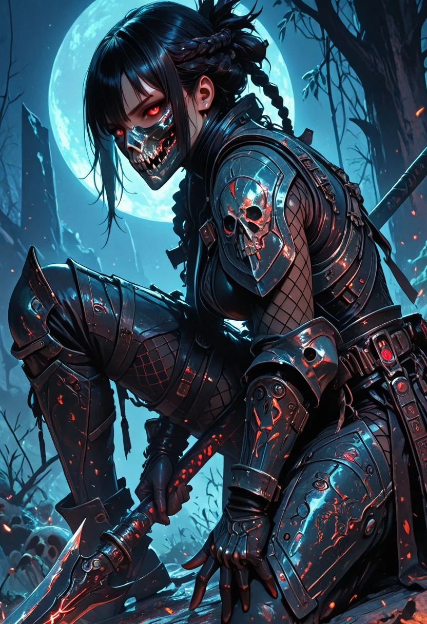 (masterpiece), (best quality), (8k), 1girl, cinematic lighting, dynamic action pose, highres, very detailed, amazing quality, masterpiece,
very aesthetic, intense,
particle effect,
1girl, samurai, solo, braided hair, layered samurai armor, engraved, bodysuit, tight clothing, fishnets, sleeveless, futuristic armor, runic symbols etched in armor, armored legs, full mask, halfmask, katana, red eyes, skulls, 
assassin theme, japan theme,
looking at viewer, tough pose, holding spear,
mountains, 
at night, night, close up, closeup,