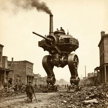 An aged worn sepia monochrome 1800s photograph of a steam powered mecha, turret with large canon, armless, no arms, walking robot, smokestacks up top, thick black smoke, walking through a war-damaged city, Civil War era soldiers with rifles scouting
