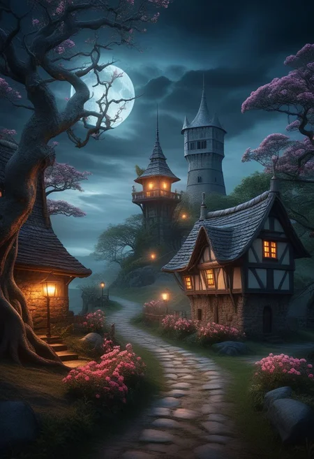 A mesmerizing mythical nightscape featuring a dark, cloudy sky with a full moon casting eerie shadows. In the foreground, a towering tree with twisted branches and glowing flowers illuminates the mysterious path ahead. Ethereal creatures like unicorns, fairies, and elves are seen interacting with the environment. The background reveals a distant, mystical village with glowing windows and a watchtower. The overall ambiance of the image is enchanting, mystical, and slightly eerie.