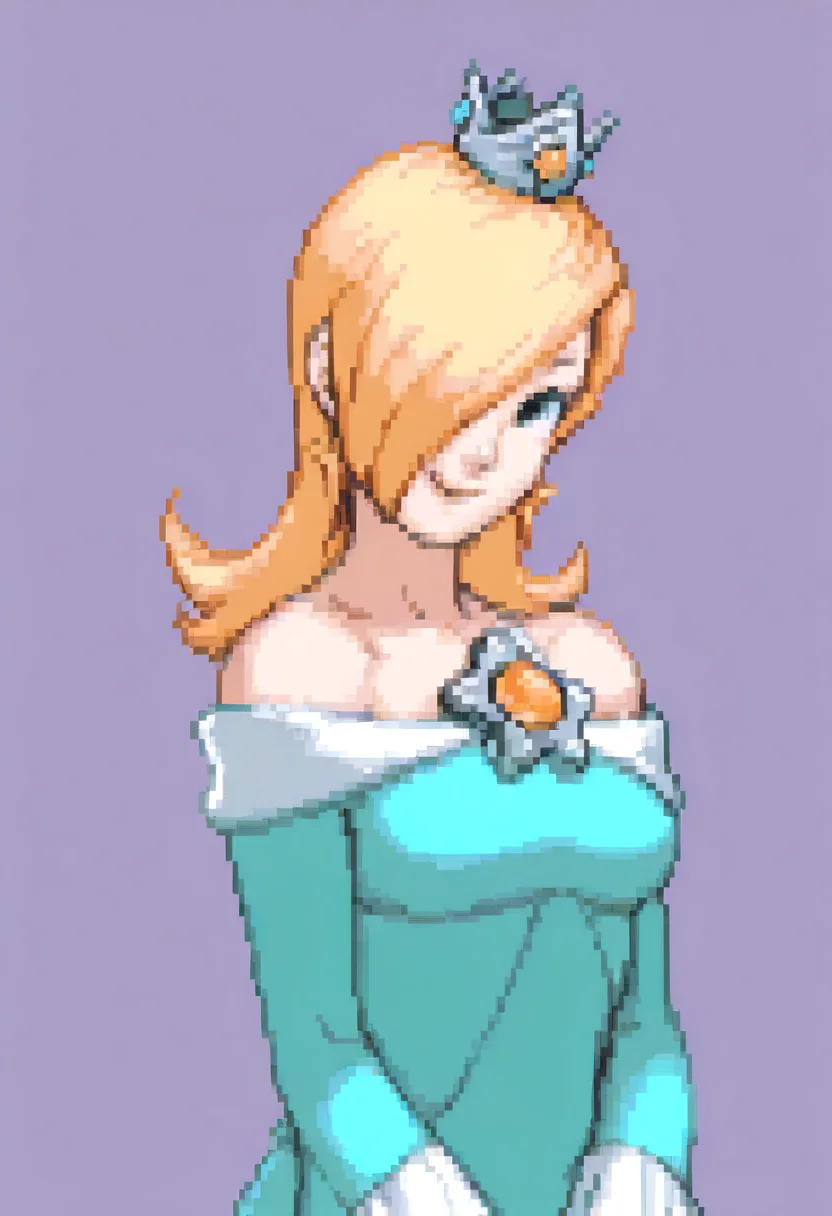 masterpiece, best quality, solo, looking at viewer, 1girl, smile, <lora:Ace-Attorney-Portraits-illus_Fp:1>, portrait, upper body, pixel art, simple background, <lora:Rosalina_illusXL_Incrs_v1:1>, RslnDef, hair over one eye, crown, bare shoulders, off-shoulder dress, long sleeves, blue dress, long dress, aqua dress