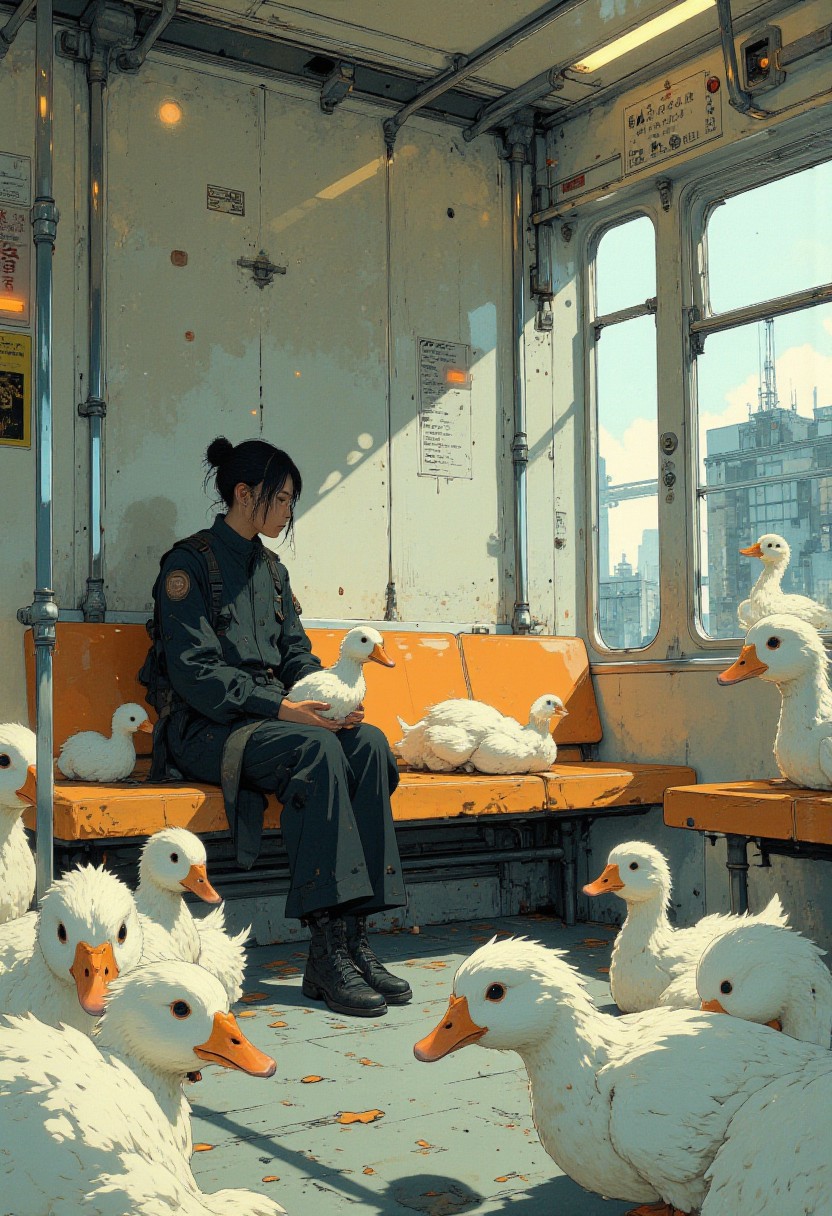 A serene and surreal scene set inside a softly lit subway car, with muted tones and diffused natural lighting streaming through large windows. The image focuses on a solitary figure, seated calmly on an orange bench, surrounded by numerous oversized, fluffy white ducks. The perspective is slightly angled from a mid-level viewpoint, creating a sense of depth and immersion within the scene.
The central figure, a person dressed in a dark, minimalistic outfit, sits quietly while holding one of the white ducks in their lap. Their posture is relaxed, and their gaze is softly directed downward at the duck, suggesting a tranquil and introspective mood. The white ducks are depicted in various poses, some lounging on the bench, others perched on the floor or adjacent seats, filling the space with their soft, rounded forms.
The background features the interior of the subway, with clean lines, soft metallic surfaces, and frosted glass windows reflecting the subdued light. The design elements are simple and modern, enhancing the dreamlike quality of the scene. The lighting is gentle, casting subtle shadows and highlighting the texture of the ducks' feathers and the fabric of the figure's clothing.