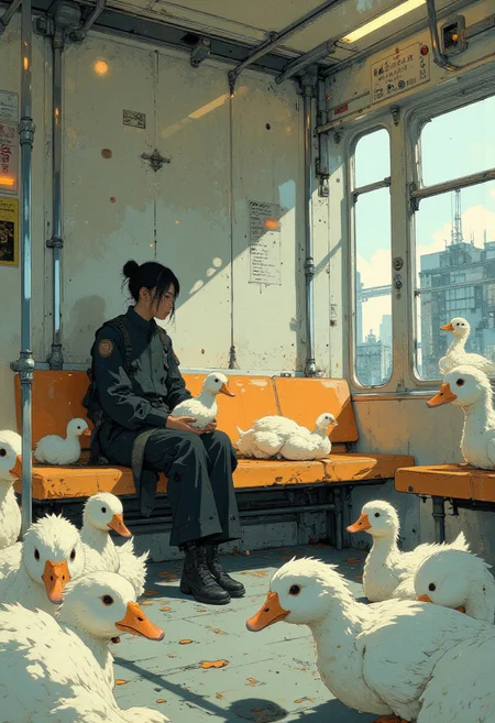 A serene and surreal scene set inside a softly lit subway car, with muted tones and diffused natural lighting streaming through large windows. The image focuses on a solitary figure, seated calmly on an orange bench, surrounded by numerous oversized, fluffy white ducks. The perspective is slightly angled from a mid-level viewpoint, creating a sense of depth and immersion within the scene.
The central figure, a person dressed in a dark, minimalistic outfit, sits quietly while holding one of the white ducks in their lap. Their posture is relaxed, and their gaze is softly directed downward at the duck, suggesting a tranquil and introspective mood. The white ducks are depicted in various poses, some lounging on the bench, others perched on the floor or adjacent seats, filling the space with their soft, rounded forms.
The background features the interior of the subway, with clean lines, soft metallic surfaces, and frosted glass windows reflecting the subdued light. The design elements are simple and modern, enhancing the dreamlike quality of the scene. The lighting is gentle, casting subtle shadows and highlighting the texture of the ducks' feathers and the fabric of the figure's clothing.