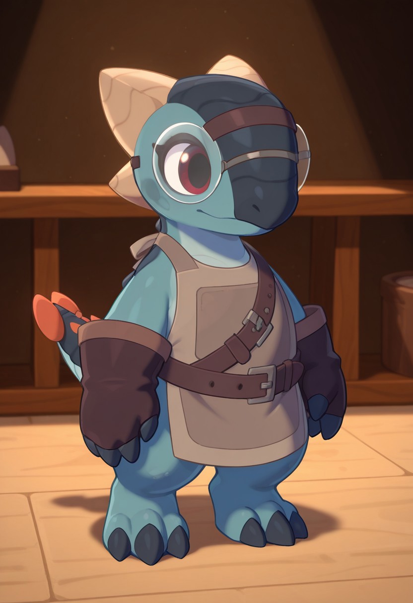 highres, absurdres, newest, masterpiece, best quality, furry, small tail, claws, 
chester, male, Ankylosaurus, blue skin, dark red eyes, 3 fingers, 3 toes, brown jacket, apron, gloves, glasses, belt,, detailed eyes, professional lighting, anthro, solo,  masterpiece, forget, anvil