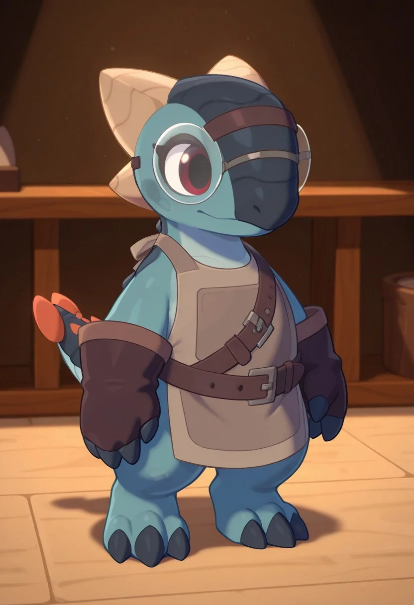highres, absurdres, newest, masterpiece, best quality, furry, small tail, claws,
chester, male, Ankylosaurus, blue skin, dark red eyes, 3 fingers, 3 toes, brown jacket, apron, gloves, glasses, belt,, detailed eyes, professional lighting, anthro, solo, masterpiece, forget, anvil