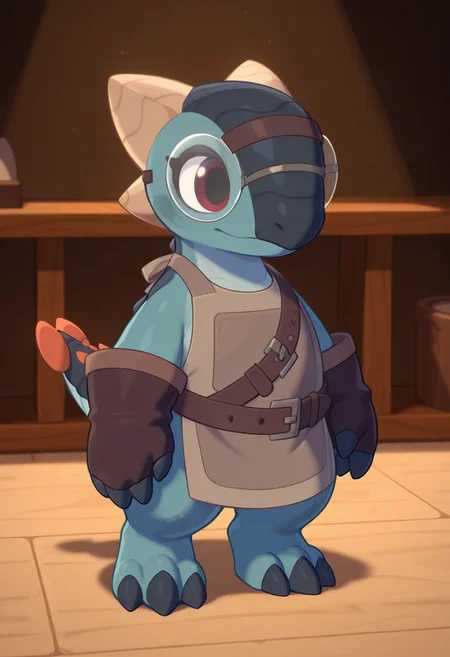 highres, absurdres, newest, masterpiece, best quality, furry, small tail, claws,
chester, male, Ankylosaurus, blue skin, dark red eyes, 3 fingers, 3 toes, brown jacket, apron, gloves, glasses, belt,, detailed eyes, professional lighting, anthro, solo, masterpiece, forget, anvil
