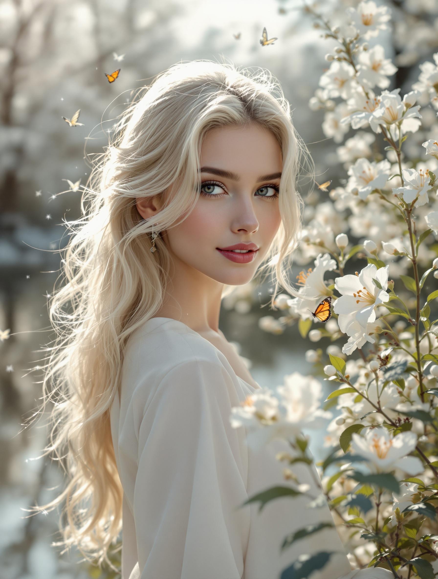 RAW photo, 8K, captured with a Sony A1 and lens Sony FE 85mm f/1.4 GM, ISO 100, excellent dynamic range, masterpiece, excellent quality, ultra detailed, subtle lighting, soft focus, detailed shadows, detailed reflections, easy glow. White modern clothes, long soft styled hair, soft smile, light pale skin color, blonde, beautiful Slavonian woman. Scenic beauty, white lilies, snowflakes, butterflies, near clean pond, spring, blossoms, rays of light break through the clouds in the background, cold colors.