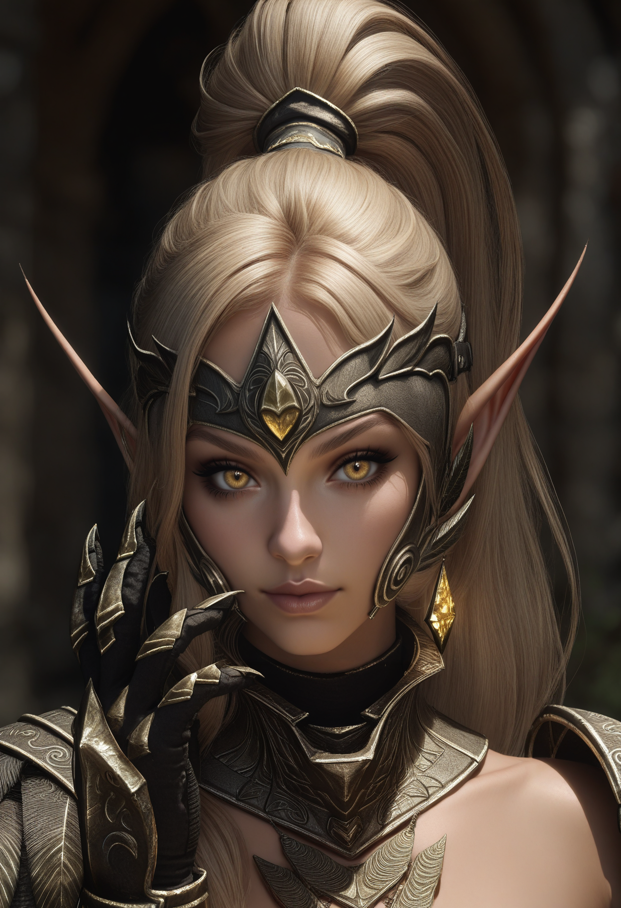 ((masterpiece, best quality, newest, absurdres, highres)),
1girl, solo, elf, pointy ears, blonde, high ponytail, yellow eyes,
hand up,
close-up, portrait, depth of field,
 <lora:Dark_ElveniaArmor_Illust_v1:0.9> d4rk3lv3n14, gorget, pauldrons, gauntlets, helmet, earrings,