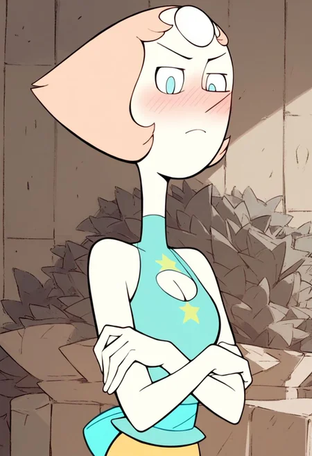 Score_9_up, score_8_up, score_7_up, 1girl, pearl, solo, peach hair, blue eyes, forehead jewel, sleeveless shirt, shorts, cleavage, big boobs, arms crossed, blushing, Expressiveh