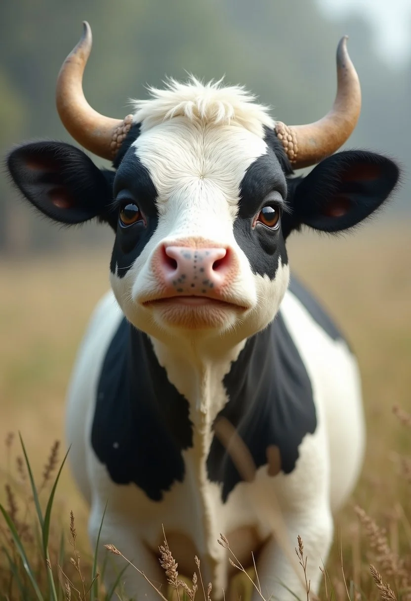 Envision a cute chimera, bronto-cow. an uncanny blend of a brontosaurus  and a cow, Embodying the strange beauty of undiscovered biodiversity, colored mostly white and black