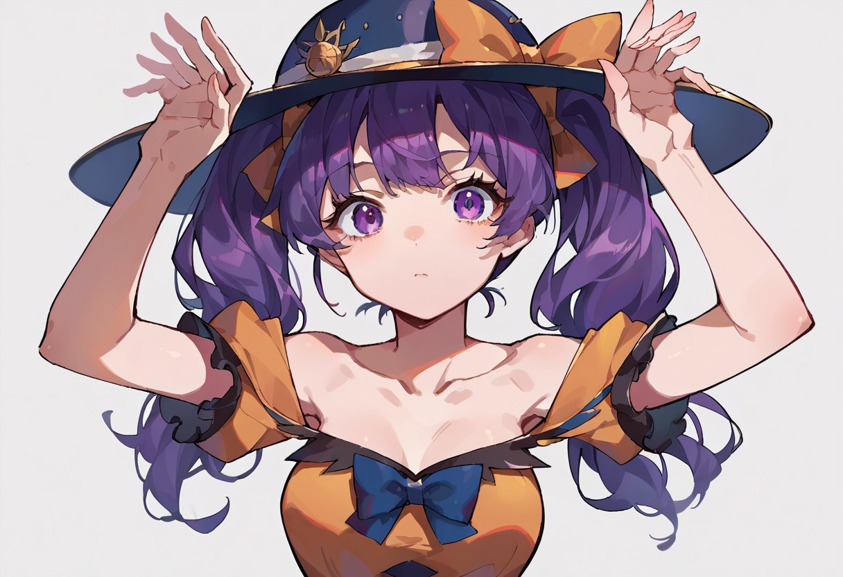 score_9, score_8_up, score_7_up, source_anime, caramelldansen, hat, purple hair, dress, twintails, ^_^, medium breasts, bowtie, collarbone, bare shoulders, short sleeves