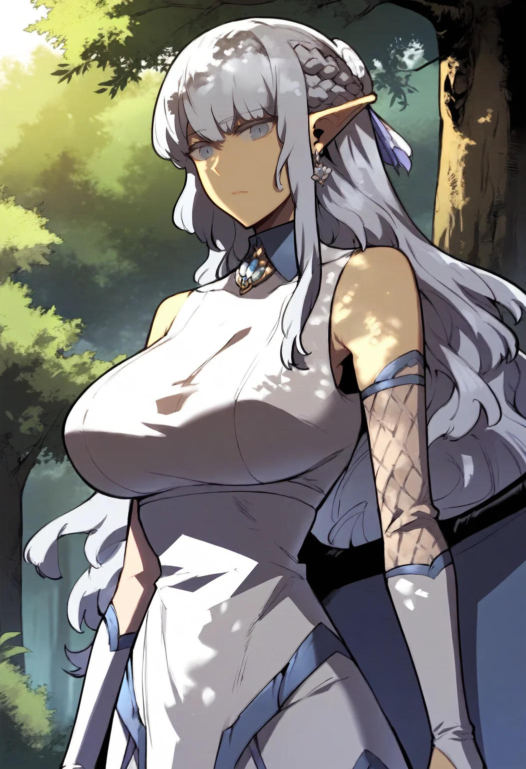 score_9, score_8_up, score_7_up, score_6_up, source_anime, rating_explicit, 1girl, solo, huge breasts,<lora:Quikantel prefectPonyxl:0.9> pointy ears, long hair, earrings, blue eyes, white hair, french braid, grey eyes, grey hair, sidelocks, dragon wings, turtleneck, brooch, white dress, sleeveless dress, detached sleeves, see-through sleeves, elbow gloves, bridal gauntlets, expressionless, forest, outdoors, looking at viewer