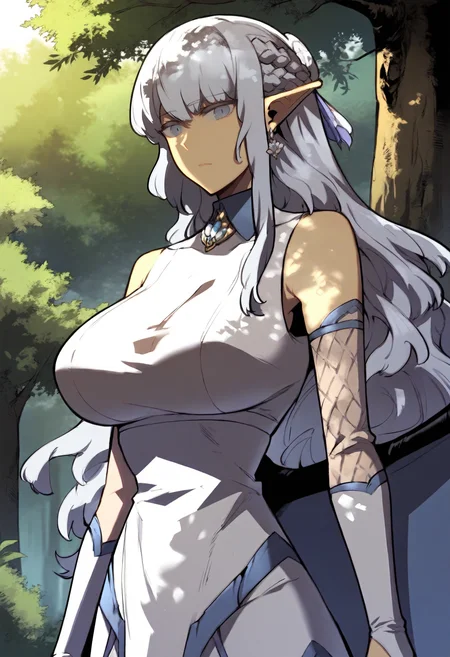 score_9, score_8_up, score_7_up, score_6_up, source_anime, rating_explicit, 1girl, solo, huge breasts,<lora:Quikantel prefectPonyxl:0.9> pointy ears, long hair, earrings, blue eyes, white hair, french braid, grey eyes, grey hair, sidelocks, dragon wings, turtleneck, brooch, white dress, sleeveless dress, detached sleeves, see-through sleeves, elbow gloves, bridal gauntlets, expressionless, forest, outdoors, looking at viewer
