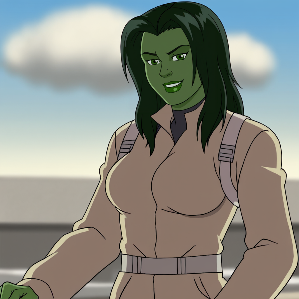 <lora:SheHulkAgentsofSmash_pony_v2:.8>  SheHulkSMASHCoat, 1girl, green skin, green lips, green eyes, lipstick, green hair, giant, long hair, makeup, giantess, breasts, cowboy shot