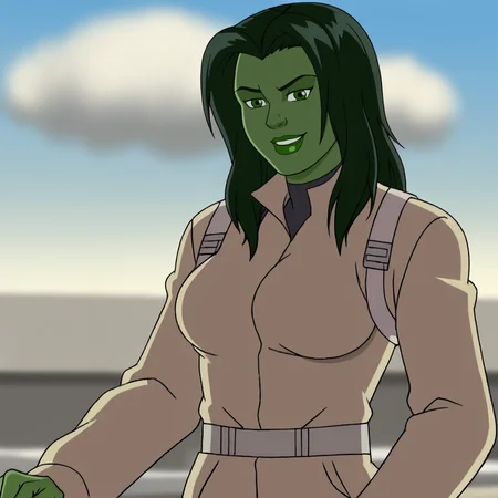 <lora:SheHulkAgentsofSmash_pony_v2:.8>  SheHulkSMASHCoat, 1girl, green skin, green lips, green eyes, lipstick, green hair, giant, long hair, makeup, giantess, breasts, cowboy shot