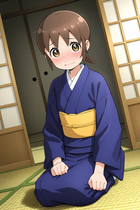 masterpiece, best quality, amazing quality, absurdres, solo, sekioriko, wavy mouth, shy, awkward, seiza, sitting, on ground, short, small, dutch angle, looking at viewer, short brown hair, blue kimono, yellow obi, indoors, ryokan, tatami, sliding doors