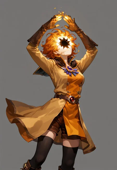 score_9, score_8_up, score_7_up,
lord_of_frenzy, fire head,
novakin, faceless, no eyes, no mouth, no nose, no facial features, short fiery yellow orange hair, body made of black plasma,
open hands, hands on face front,
hands on own head,
upside-down, backflip,
magical girl outfit, (steampunk dress:1.1), boots, (brown shorts:1.1), black tights, medium breasts, belt, gloves, head up,
simple background, grey background,