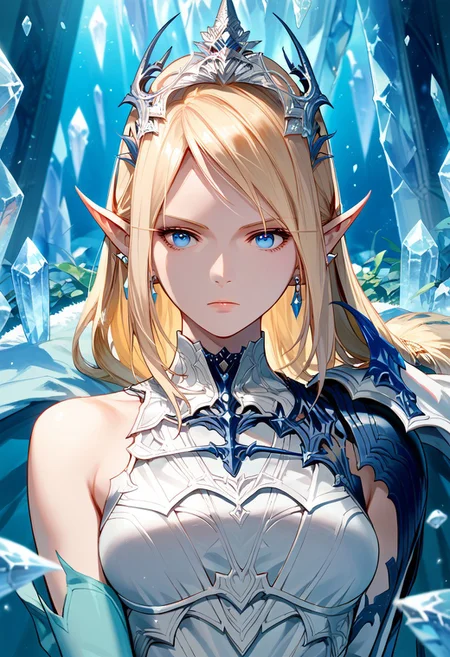 score_9,score_8_up,score_7_up,source_anime,Shiva,1girl,solo,long hair,blue eyes,blonde hair,jewelry,upper body,earrings,pointy ears,armor,tiara,elf,ice,crystal,