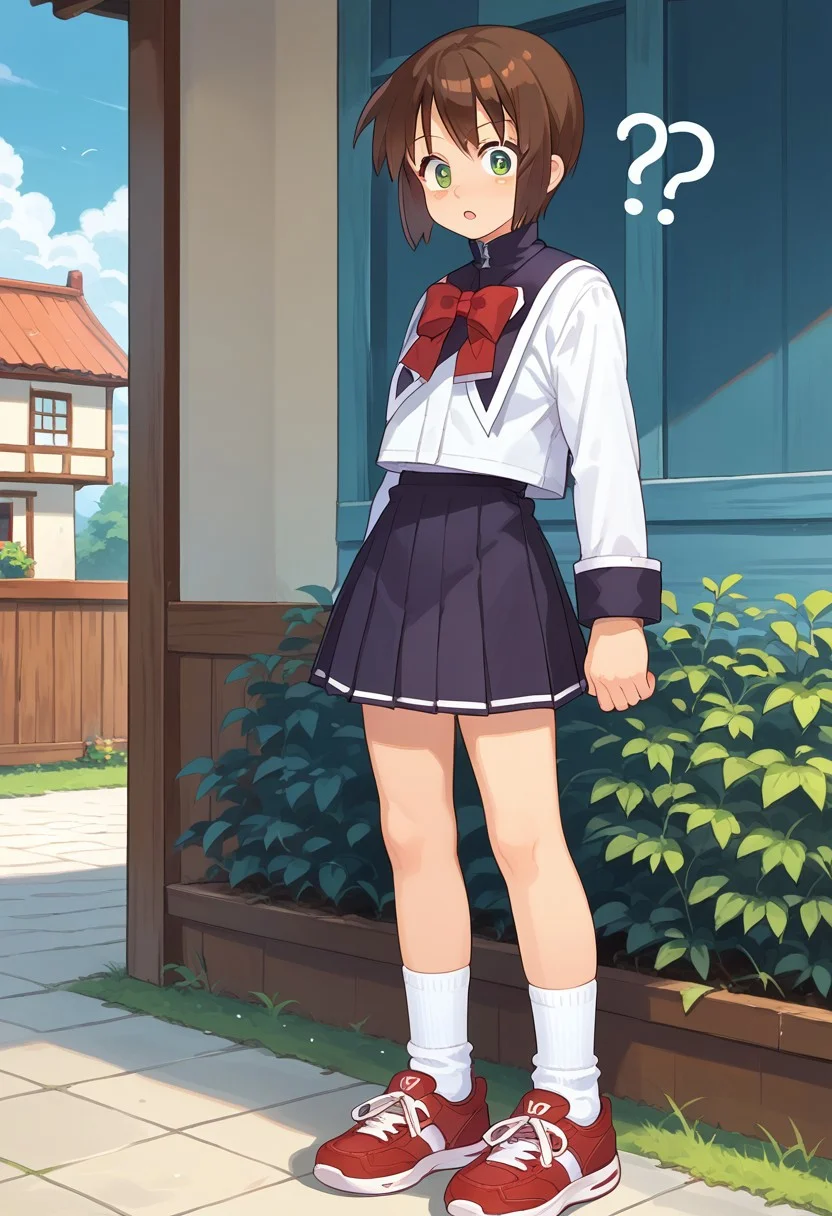score_8, score_8_up, score_7_up, source_anime, anime screenshot, 1girl, female focus, solo, Natsumi_SN1, green eyes, brown hair, short hair, bangs, sidelocks, short hair with long locks, school uniform, sailor collar, neck bow, sleeve cuffs, pleated skirt, ankle socks, white socks, sneakers, red footwear, outdoors, fantasy village background, shocked, confused, looking at viewer