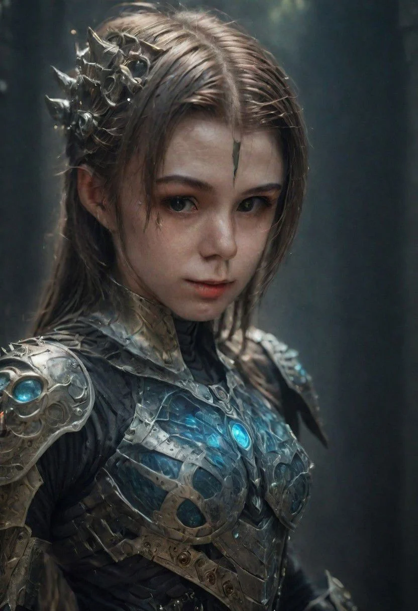 dslr photo of a girl in a fusion of medieval and cyberpunk elements, with a mix of technology and nature, (highres, highly detailed:1.2), cinematic lighting, vibrant colors, Curi, Gelatine armor