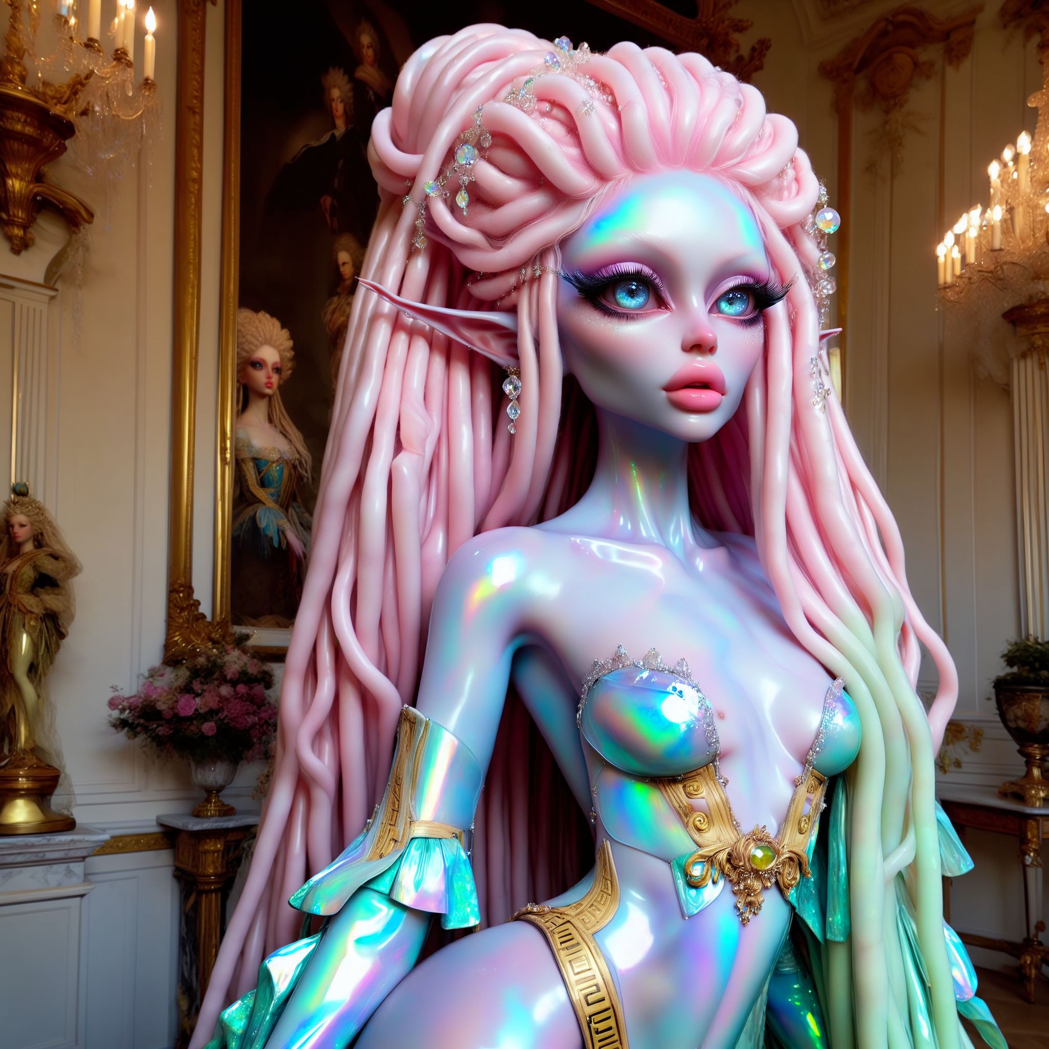 <lora:AlinaXL:0.6>  <lora:DMarbleStone:0.8>  <lora:Dallegirls:0.8>   beautiful opal stone elf girl with big detailed eyes and huge lips , opal stone quartz marble skin , gem , (((light opal iridescent stone skin))) , colored skin ,fashion photography of alien with 18th royal queen, marie antoinette, versailles, hyperrealistic, attention to face , fine-grained details, bright colors, photorealistic, bright lights, luminescent, illuminated, white background , versace ,rococo ,8k, extreme detailed , colorful , highest detailed