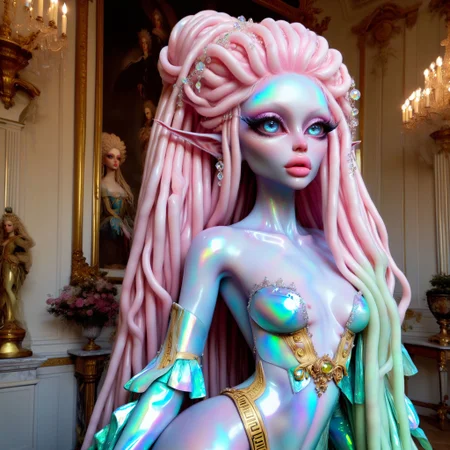 <lora:AlinaXL:0.6> <lora:DMarbleStone:0.8> <lora:Dallegirls:0.8> beautiful opal stone elf girl with big detailed eyes and huge lips , opal stone quartz marble skin , gem , (((light opal iridescent stone skin))) , colored skin ,fashion photography of alien with 18th royal queen, marie antoinette, versailles, hyperrealistic, attention to face , fine-grained details, bright colors, photorealistic, bright lights, luminescent, illuminated, white background , versace ,rococo ,8k, extreme detailed , colorful , highest detailed