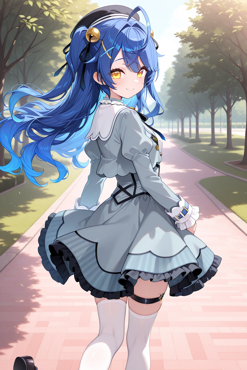1girl, AmamiyaKokoroNijisanji,
general, solo, from behind,
long hair, blue hair, two side up, wavy hair,
eyelashes, yellow eyes, 
black headwear, x hair ornament, hair bell,
grey jacket,
puffy sleeves, frilled sleeves,
cropped jacket,
breasts, open jacket, 
neck bell, white shirt, 
grey dress, 
thigh strap, white thighhighs, loafers, 
smile,
park, wind,
<lora:kp_AmamiyaKokoroNijisanji1stCostumeIllustrious_v1_0:1.0>,
masterpiece, best quality, amazing quality