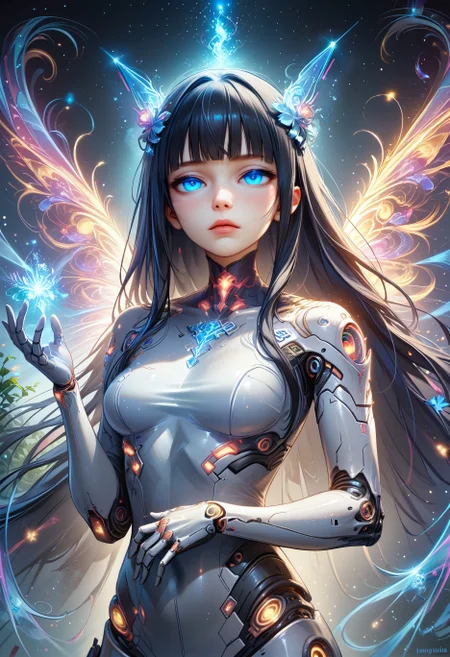 Score_9, score_8_up, score_7_up, score_6_up, score_5_up, score_4_up, source_anime, himari, Black hair, long hair, black eyes, 1girl, bangs, lumina, mystical, multicolored, glowing, magic swirling, glowing magical energy, flower, bloom, wisps, plants, fantasy setting, overgrown city, mechanical parts, female, humanoid robot, cyberpunk, cyborg, joints, mechanical arms, glowing eyes, mechanical legs, robot, magic flowing, magical binding, flowing through body, glowing podyparts, dynamic pose, arm up, grabing cable, skintight clothes, bodysuit, floating, mid air, , black eyes, blue eyes, mixing colors, mechanical wings, energy wings, half closed eyes, close up, upper body, <lora:Himari:0.6> <lora:Expressive_H:0.7> Expressiveh <lora:Selftrained\Lumina_Mystica:0.8>