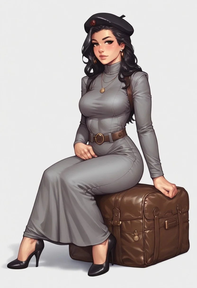 <lora:f4nto_v2:50>, f4nt,
retro artstyle,1980s \(style\), science fiction, realistic, solo focus,
<lora:retro-comic-80:1>,
1girl, solo, black hair, hat, long hair, grey dress, dress, black headwear, white background, sitting, leaning to the side, long sleeves, beret, arm support, looking to the side, simple background, realistic, jewelry, yokozuwari, brown eyes, earrings, blush, bag, (((full clothed))),
BREAK
strange world background score_9, score_8_up, score_7_up, score_6_up, source_cartoon, rating_explicit, Expressiveh, (((((full body))))), dynamic pose
