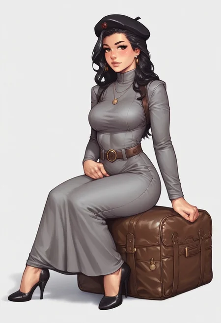 <lora:f4nto_v2:50>, f4nt,
retro artstyle,1980s \(style\), science fiction, realistic, solo focus, 
<lora:retro-comic-80:1>, 
1girl, solo, black hair, hat, long hair, grey dress, dress, black headwear, white background, sitting, leaning to the side, long sleeves, beret, arm support, looking to the side, simple background, realistic, jewelry, yokozuwari, brown eyes, earrings, blush, bag, (((full clothed))),
BREAK 
strange world background score_9, score_8_up, score_7_up, score_6_up, source_cartoon, rating_explicit, Expressiveh, (((((full body))))), dynamic pose