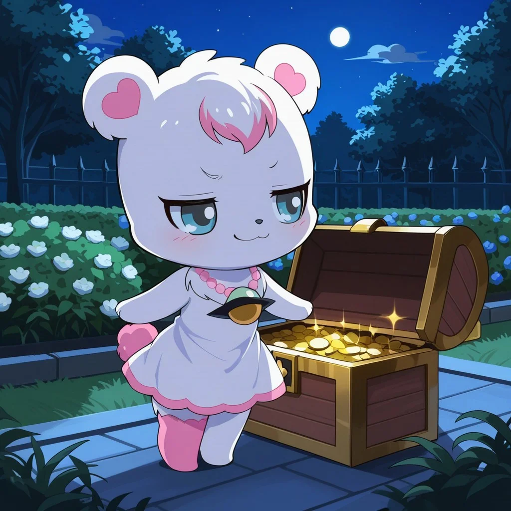 score_9, score_8_up, score_7_up, score_6_up, score_5_up,
best quality, masterpiece, smirks, Full Body, Romantic, Small Body, Furry, looking_pleasured, labrajp, chibi, feral, multicolored hair, pink tail, tufted fur, furry, one pink leg, necklace, bear, garden, a beautiful dress inside treasure chest, holding a dress from treasure chest, look amazing, night,