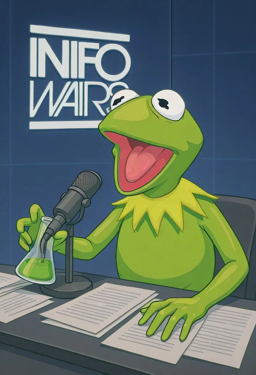 masterpiece, best quality, absurdres, 1boy, male focus, solo, Kermit, green frog, holding pride flag, beaker, chemicals, rainbow shirt, info wars, white logo, blue wall, microphone, desk, shouting