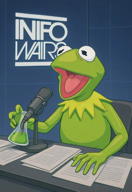 masterpiece, best quality, absurdres, 1boy, male focus, solo, Kermit, green frog, holding pride flag, beaker, chemicals, rainbow shirt, info wars, white logo, blue wall, microphone, desk, shouting