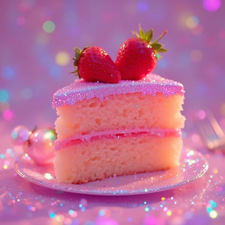 A photo of a piece of strawberry cake. surreal photo, glitter, mesmerizing, iridescent