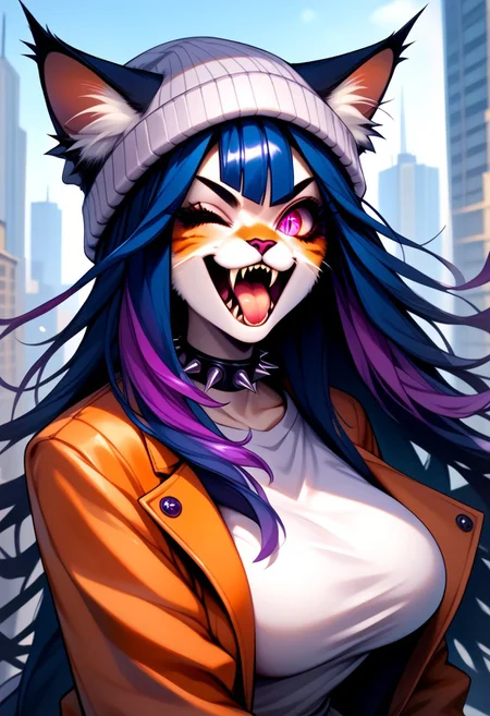 score_9, score_8_up, score_7_up, source_furry, EPBH1, vwstyle, female furry, cat girl, cat ears, cat tail, teeth, fangs, very long hair, (dark blue hair, violet highlights:2), magenta eyes, wink, heart design, orange jacket, black beanie, spotted fur, striped fur, white shirt, spiked choker, cityscape, tongue out, (large breasts:2),