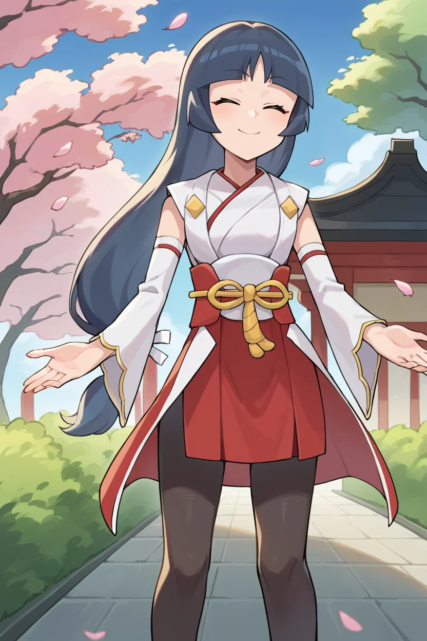 score_9, score_8_up, source_anime, 1girl, solo, anime coloring BREAK <lora:sabrina-pdxl-nvwls-v1-000006:1> nysab, low-tied long hair, blunt bangs, japanese clothes, red skirt, sash, detached sleeves, pantyhose, closed eyes, smile, happy, looking down, cherry blossoms, blue sky, garden, closed mouth