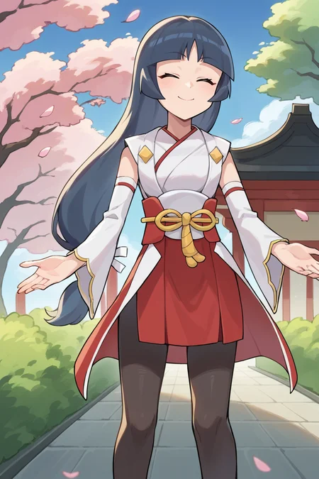 score_9, score_8_up, source_anime, 1girl, solo, anime coloring BREAK <lora:sabrina-pdxl-nvwls-v1-000006:1> nysab, low-tied long hair, blunt bangs, japanese clothes, red skirt, sash, detached sleeves, pantyhose, closed eyes, smile, happy, looking down, cherry blossoms, blue sky, garden, closed mouth