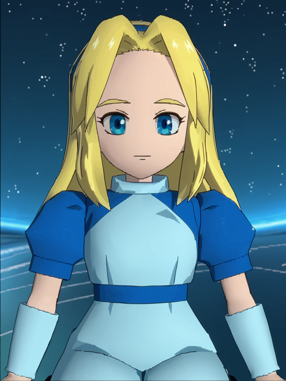 outer space, score_7_up, <lora:Maria Robotnik (SxSG):0.9>, sxsgdbmaria, blonde hair, blue eyes, source_anime, low poly 3d,  ffviichibis, screenshot <lora:zs_FFVIIChibisXL_1:1.2>