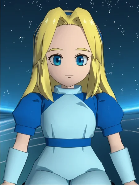 outer space, score_7_up, <lora:Maria Robotnik (SxSG):0.9>, sxsgdbmaria, blonde hair, blue eyes, source_anime, low poly 3d, ffviichibis, screenshot <lora:zs_FFVIIChibisXL_1:1.2>