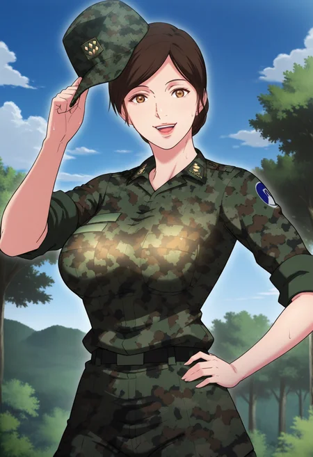 masterpiece,best quality,good quality, <lora:SHJ_Sodaejang:1>, SHJ_Sodaejang, 1girl, solo, brown eyes, brown hair, low bun, lipstick, breasts,
camouflage, military uniform, sleeves rolled up, holding hat, unworn hat, hand up,
hand on own hip, looking at viewer, smile, cowboy shot, open mouth, sweat,
BREAK outdoors, nature, day, blue sky,