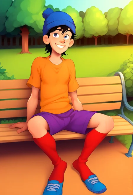 score_8, score_8_up, score_7_up, score_6_up, source_cartoon, BREAK, 1boy, solo, male focus,, Double D, beanie, black hair, orange shirt, purple shorts, red socks, blue shoe, park background, trees, pond, bench, sitting ,