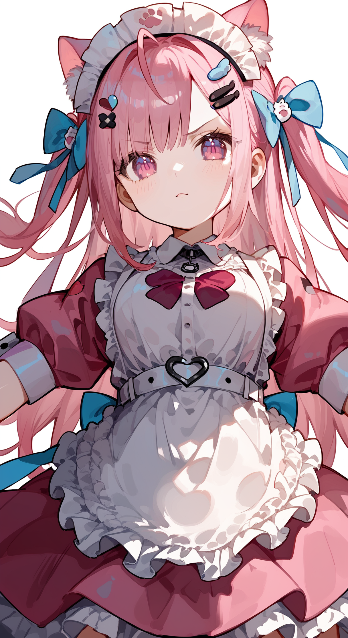 score_9, score_8_up, score_7_up, 1girl, solo, looking at viewer, foreshortening, <lora:yuuki_sakuna_pony:0.92>, yuuki sakuna, animal ears, pink hair, cat ears, maid headdress, long hair, hair ornament, bow, animal ear fluff, ahoge, bangs, two side up, cat hair ornament, hair bow, hairclip, blue bow, pink eyes, apron, short sleeves, dress, puffy short sleeves, frills, heart, puffy sleeves, white apron, maid, pink dress, wrist cuffs, jitome, shaded_face, disgust, from_below,