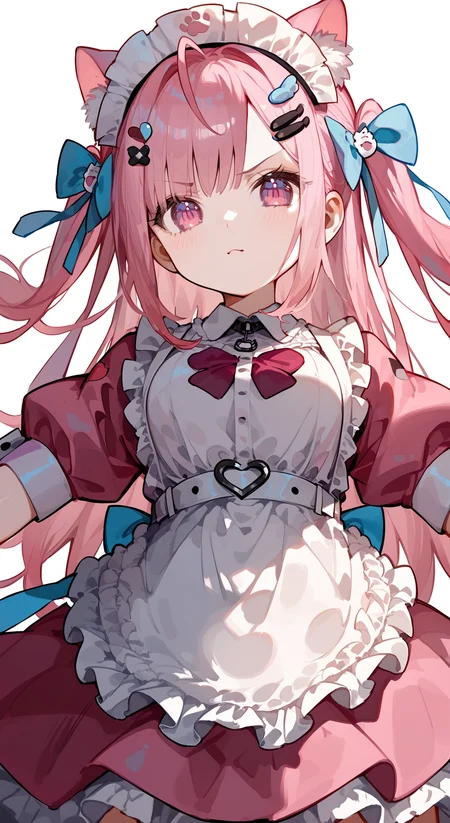score_9, score_8_up, score_7_up, 1girl, solo, looking at viewer, foreshortening, <lora:yuuki_sakuna_pony:0.92>, yuuki sakuna, animal ears, pink hair, cat ears, maid headdress, long hair, hair ornament, bow, animal ear fluff, ahoge, bangs, two side up, cat hair ornament, hair bow, hairclip, blue bow, pink eyes, apron, short sleeves, dress, puffy short sleeves, frills, heart, puffy sleeves, white apron, maid, pink dress, wrist cuffs, jitome, shaded_face, disgust, from_below,