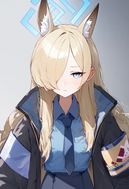 kosubi, score_9, score_8_up, digital media, solo,1girl, silk clothing, reflective clothing, shiny clothing, kanna (blue archive), animal ears, blonde hair, animal ear fluff, halo, hair over one eye, long hair, blue eyes, extra ears, dog ears, black gloves, black jacket, long sleeves, blue shirt, collared shirt, open jacket, blue necktie, armband, black pantyhose, blue skirt, tie clip