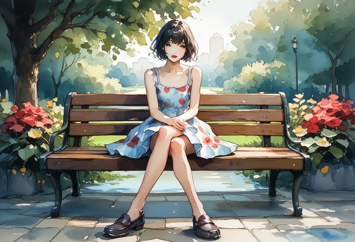 score_9, score_8_up,score_7_up, score_6_up, score_5_up, score_4_up, watercolor painting of
cute girl in yellow.sundress, black bangs, red lipstick, white skin
((Sitting on a bench in a park),
(Slender body smooth),ng_deepnegative_v1_75t, easynegative, negative_hand, ArsMJStyle, Watercolor, shoe dangle, loafers